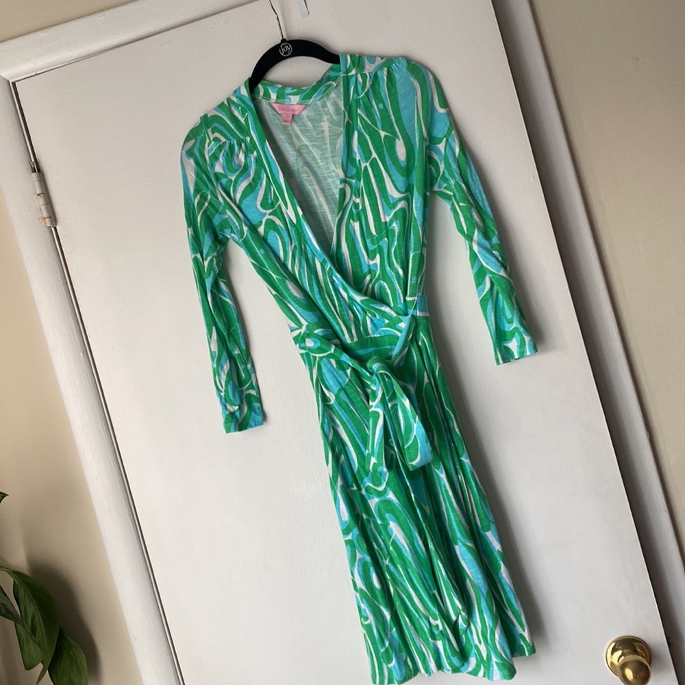 Lilly Pulitzer Meridan Wrap Dress Finders Keepers Size Small green blue - Picture 2 of 9